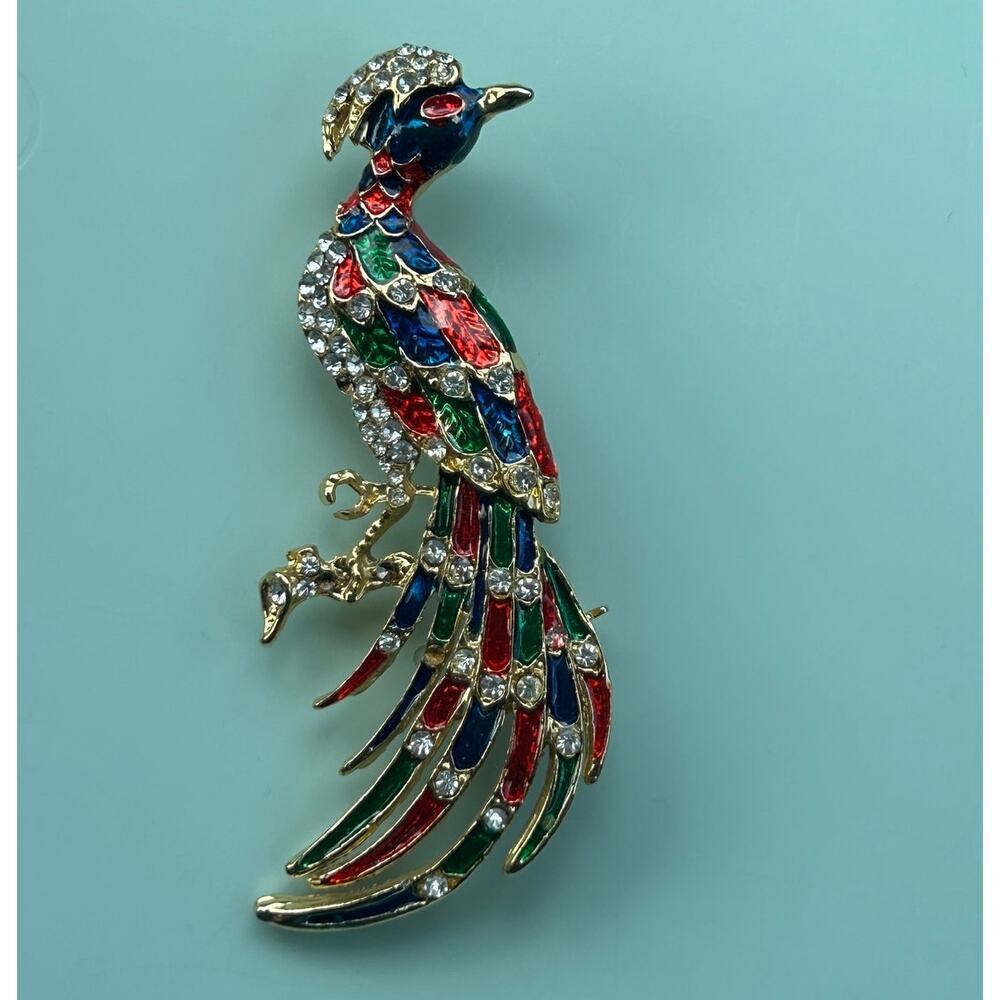 Vintage Multi-Colored Enamel Peacock Brooch Gold-Tone Rhinestone Bird Pin - Picture 2 of 10